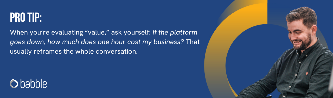 This graphic visually represents a "pro tip" that advises you to think about avoiding downtime when looking at a CCaaS platform and features an image of a man smiling.