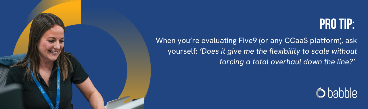 This graphic visually represents a "pro tip" that advises you to choose a CCaaS solution that can scale with your business and features an image of a woman smiling and working at a desk.