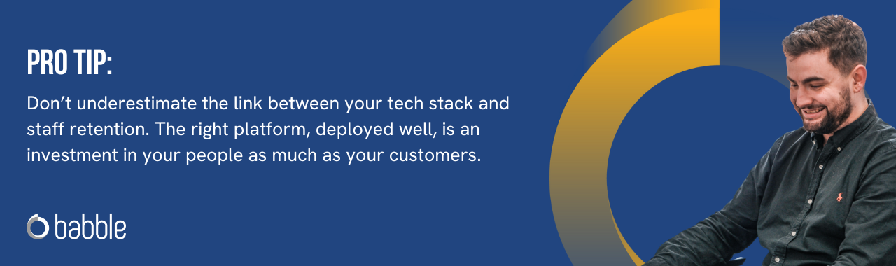 This graphic visually represents a "pro tip" that advises you to avoid underestimating the link between your tech stack and staff retention and features an image of a man smiling.