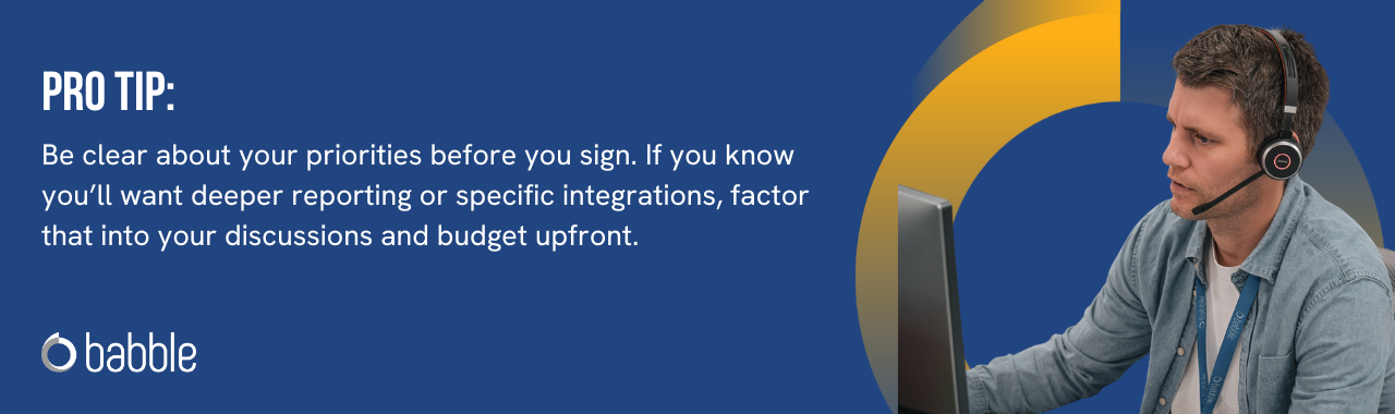 This graphic visually represents a "pro tip" that advises you to be clear about your priorities before you sign a CCaaS contract and features an image of a man working.