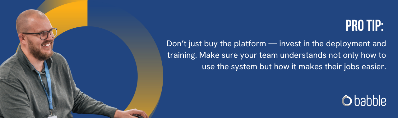 This graphic visually represents a "pro tip" that advises you to invest in the deployment and training and features an image of a man smiling and working at a desk.