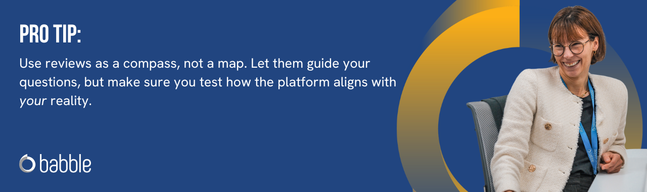 This graphic visually represents a "pro tip" that advises you to use reviews as a compass, not a map and features an image of a woman smiling.