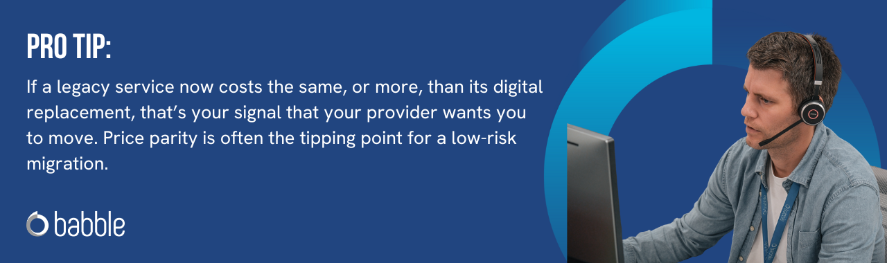 The graphic visually represents a "pro tip" to compare the prices of legacy tech to their digital replacements and features an image of a man working.