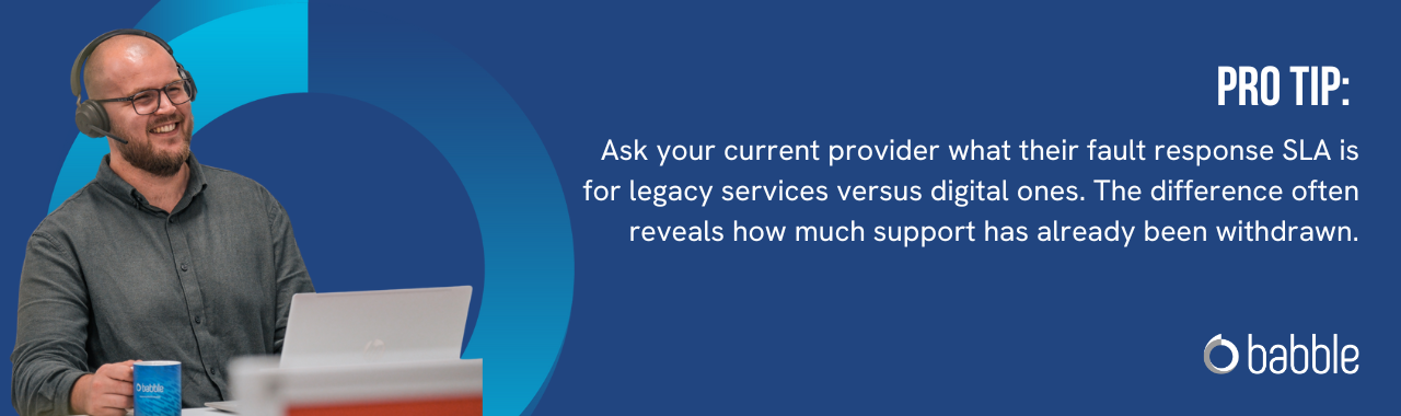 The graphic visually represents a "pro tip" to ask your current provider what their fault response SLA is for legacy services versus digital ones and features an image of a man smiling at his desk with headphones on.