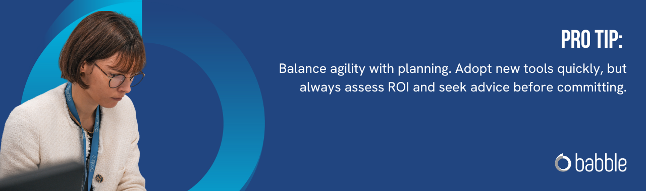 This graphic visually represents a "pro tip" that advises you to balance agility with planning and features an image of a woman working at a desk.