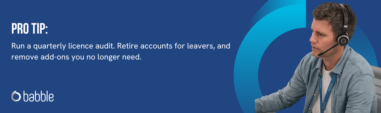 This graphic visually represents a "pro tip" that advises you to run a quarterly licence audit and features an image of a man working at a desk.