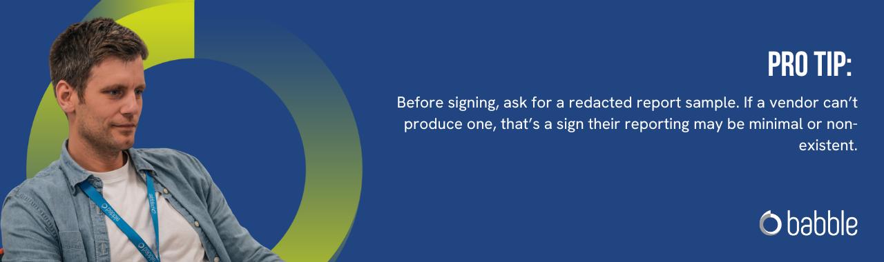 This graphic visually represents a "pro tip" to ask for a redacted report sample before signing with an MDR partner and features an image of a man smiling.