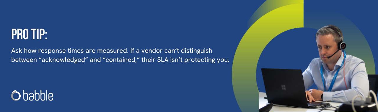 This graphic visually represents a "pro tip" to ask how response times are measured and features an image of a man working at a desk.
