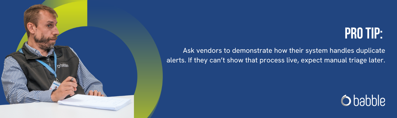 This graphic visually represents a "pro tip" to ask vendors to demonstrate how their system handles duplicate alerts and features an image of a man sitting at a desk.