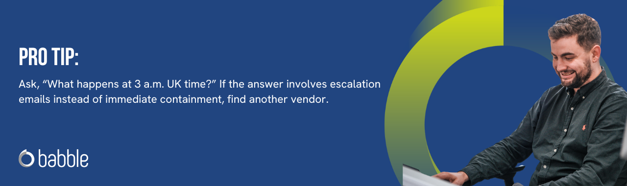 This graphic visually represents a "pro tip" to ask “What happens at 3 a.m. UK time?” and features an image of a man smiling and working at a desk.