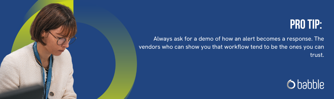 This graphic visually represents a "pro tip" to always ask for a demo of how an alert becomes a response and features an image of a woman working.