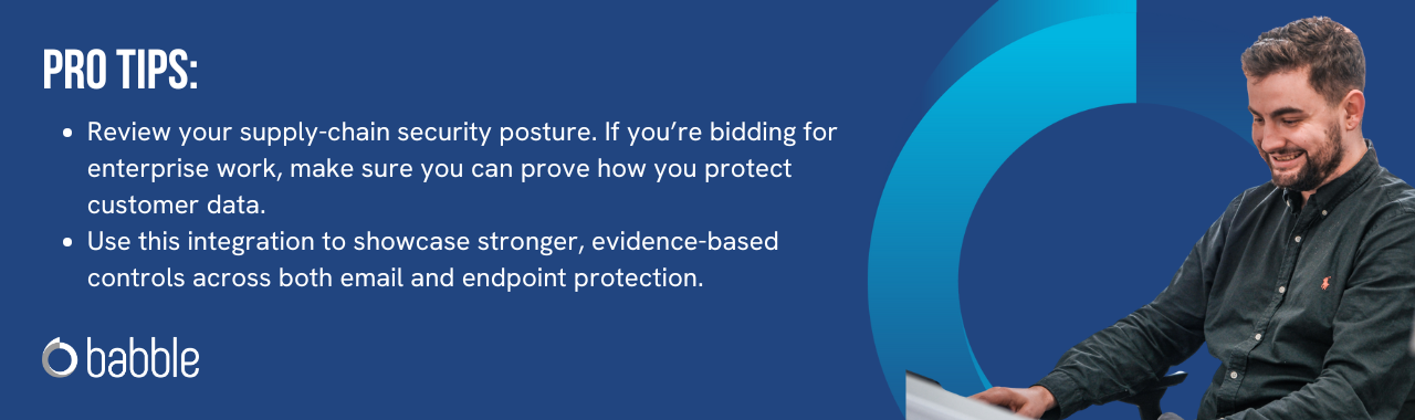 This graphic visually represents a "pro tip" to review your supply-chain security posture and features an image of a man smiling and working at a desk.