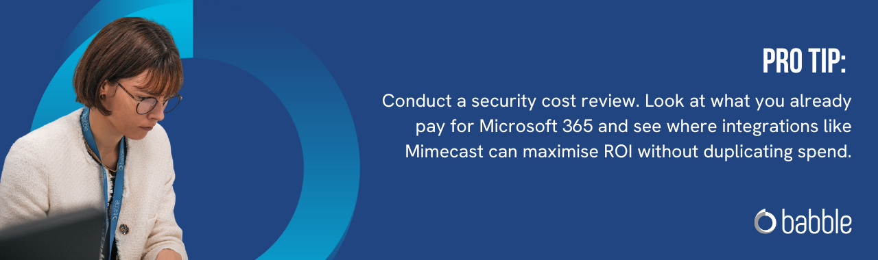 This graphic visually represents a "pro tip" that advises you to conduct a security cost review and features an image of a lady working at a desk.