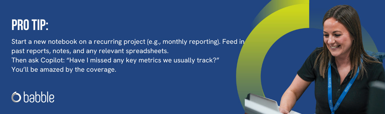 This graphic visually represents a "pro tip" on how to get started with Copilot Create and features an image of a lady smiling at a desk.