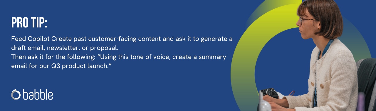 This graphic visually represents a "pro tip" on how to get started with Copilot Notebooks and features an image of a lady working at a desk.