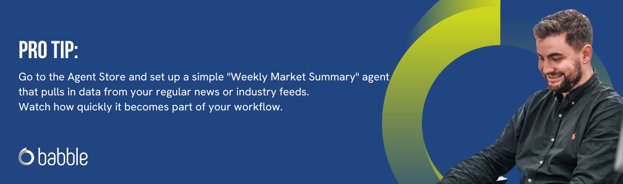 This graphic visually represents a "pro tip" on how to get started with the Agent Store and features an image of a man smiling at a desk.