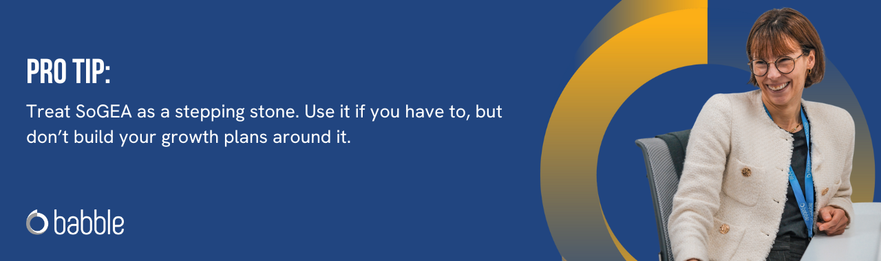 This graphic visually represents a "pro tip" that advises you to treat SoGEA as a stepping stone, not a long-term solution and features an image of a woman smiling.