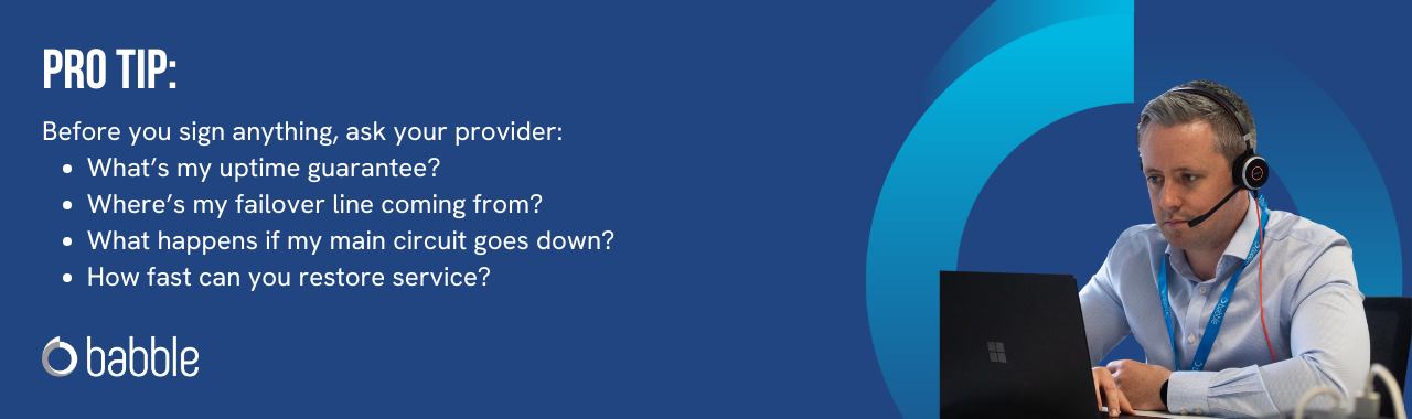 This graphic visually represents a "pro tip" to ask questions before signing with a new telephony and connectivity provider and features an image of a man working at a desk.