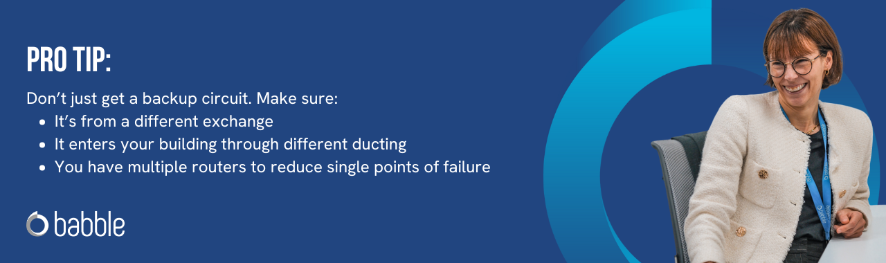 This graphic visually represents a "pro tip" to request additional solutions and not just a backup circuit and features an image of a lady smiling at a desk.
