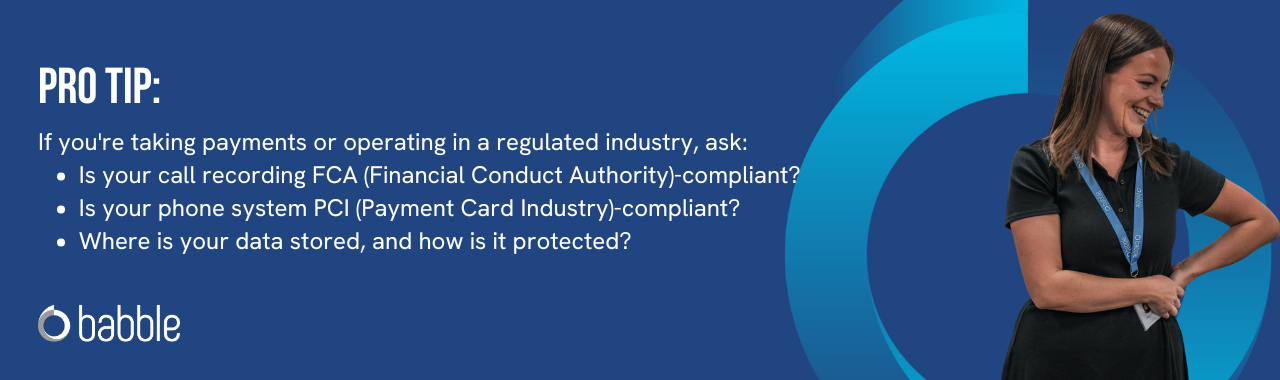 This graphic visually represents a "pro tip" to ensure that you remain PCI and FCA compliant if you take payments or are in a regulated industry and features an image of a lady standing and smiling.