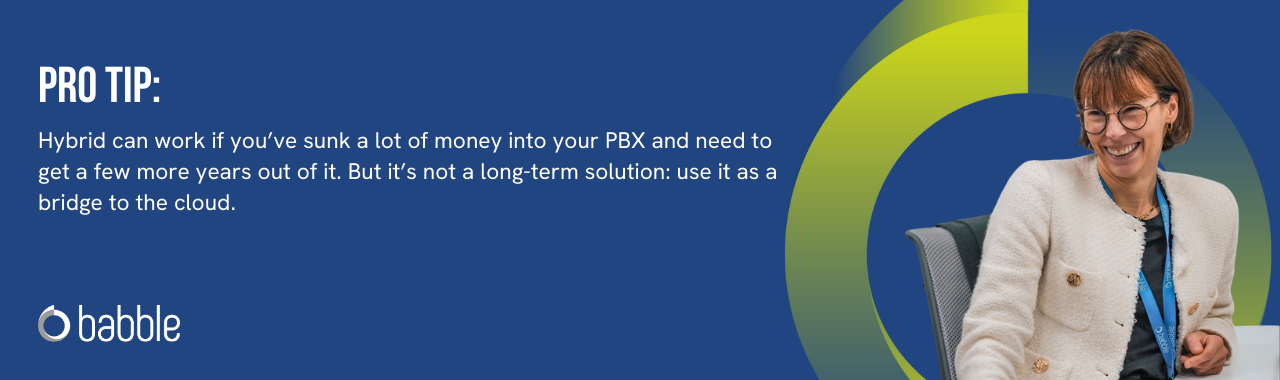 This graphic visually represents a "pro tip" to use hybrid telephony as a bridge to the cloud and features an image of a smiling lady.