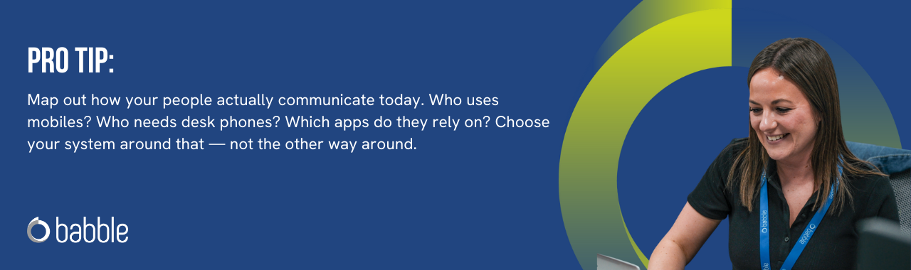 This graphic visually represents a "pro tip" to map out how your people actually communicate today and features an image of a lady smiling at a desk.