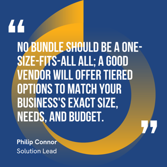 This graphic visually represents a quote by Philip Connor that says, "No bundle should be a one-size-fits-all all; a good vendor will offer tiered options to match your business's exact size, needs, and budget."