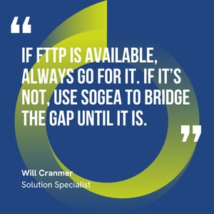 This graphic visually represents a quote by Will Cranmer that says, "If FTTP is available, always go for it. If it’s not, use SoGEA to bridge the gap until it is."