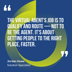This graphic visually represents a quote by Jordan Howe that says, "The virtual agent’s job is to qualify and route — not to be the agent. It’s about getting people to the right place, faster."