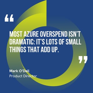 The graphic visually represents a quote by Mark O'Dell that says, "Most Azure overspend isn’t dramatic: it’s lots of small things that add up."