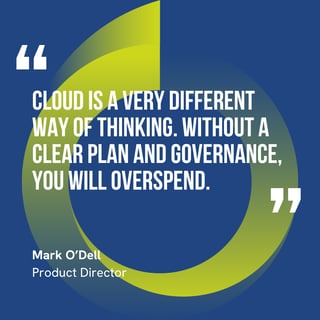 The graphic visually represents a quote by Mark O'Dell that says, "Most Azure overspend isn’t dramatic: it’s lots of small things that add up."
