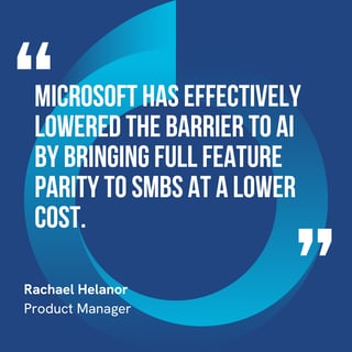 This graphic visually represents a quote by Rachael Helanor that says, "Microsoft has effectively lowered the barrier to AI by bringing full feature parity to SMBs at a lower cost."
