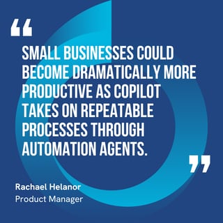 his graphic visually represents a quote by Rachael Helanor that says, "Small businesses could become dramatically more productive as Copilot takes on repeatable processes through automation agents.” 