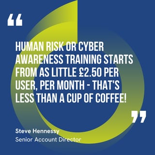 The graphic visually represents a quote by Steve Hennessy that says, "Human Risk or Cyber Awareness Training starts from as little £2.50 per user, per month - that's less than a cup of coffee!"