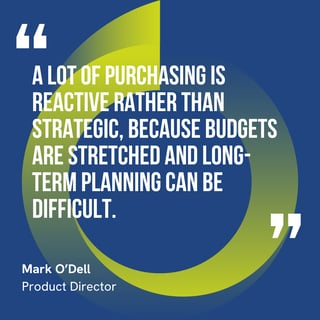 The graphic visually represents a quote by Mark O’Dell that says, "A lot of purchasing is reactive rather than strategic, because budgets are stretched and long-term planning can be difficult."