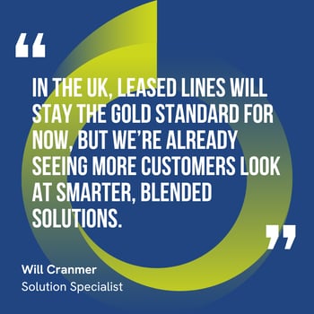This graphic visually represents a quote by Will Cranmer that says, "In the UK, leased lines will stay the gold standard for now, but we’re already seeing more customers look at smarter, blended solutions."