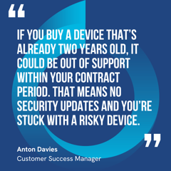 This graphic visually represents a quote by Anton Davies that says, "If you buy a device that’s already two years old, it could be out of support within your contract period. That means no security updates and you’re stuck with a risky device.”  