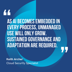 This graphic visually represents a quote by Keith Archer that says, "As AI becomes embedded in every process, unmanaged use will only grow. Sustained governance and adaptation are required."