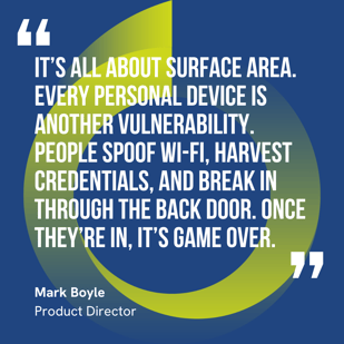This graphic visually represents a quote by Mark Boyle that says, "It’s all about surface area. Every personal device is another vulnerability. People spoof Wi-Fi, harvest credentials, and break in through the back door. Once they’re in, it’s game over."