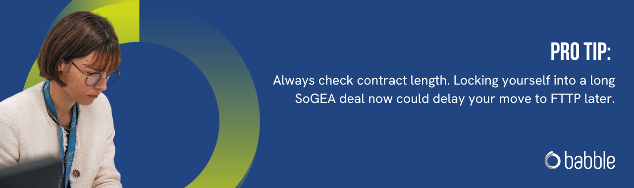 This graphic visually represents a "pro tip" to always check the contract length when considering SoGEA and features an image of a lady working at a desk.