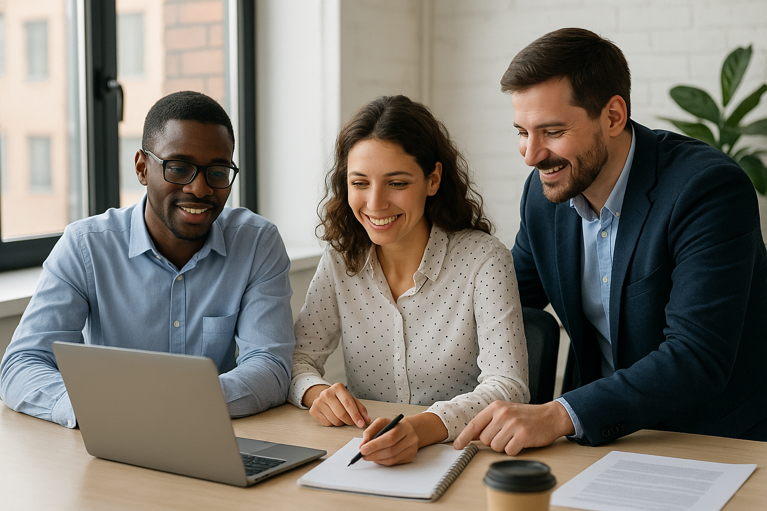 This is an image of three people smiling and working at a desk.