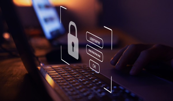 This is an image of a hologram login prompt being reflected off a laptop screen.