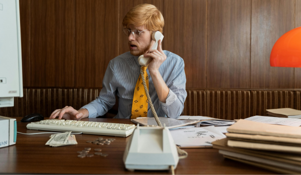 This is an image of a man working on an old computer while talking on a landline.