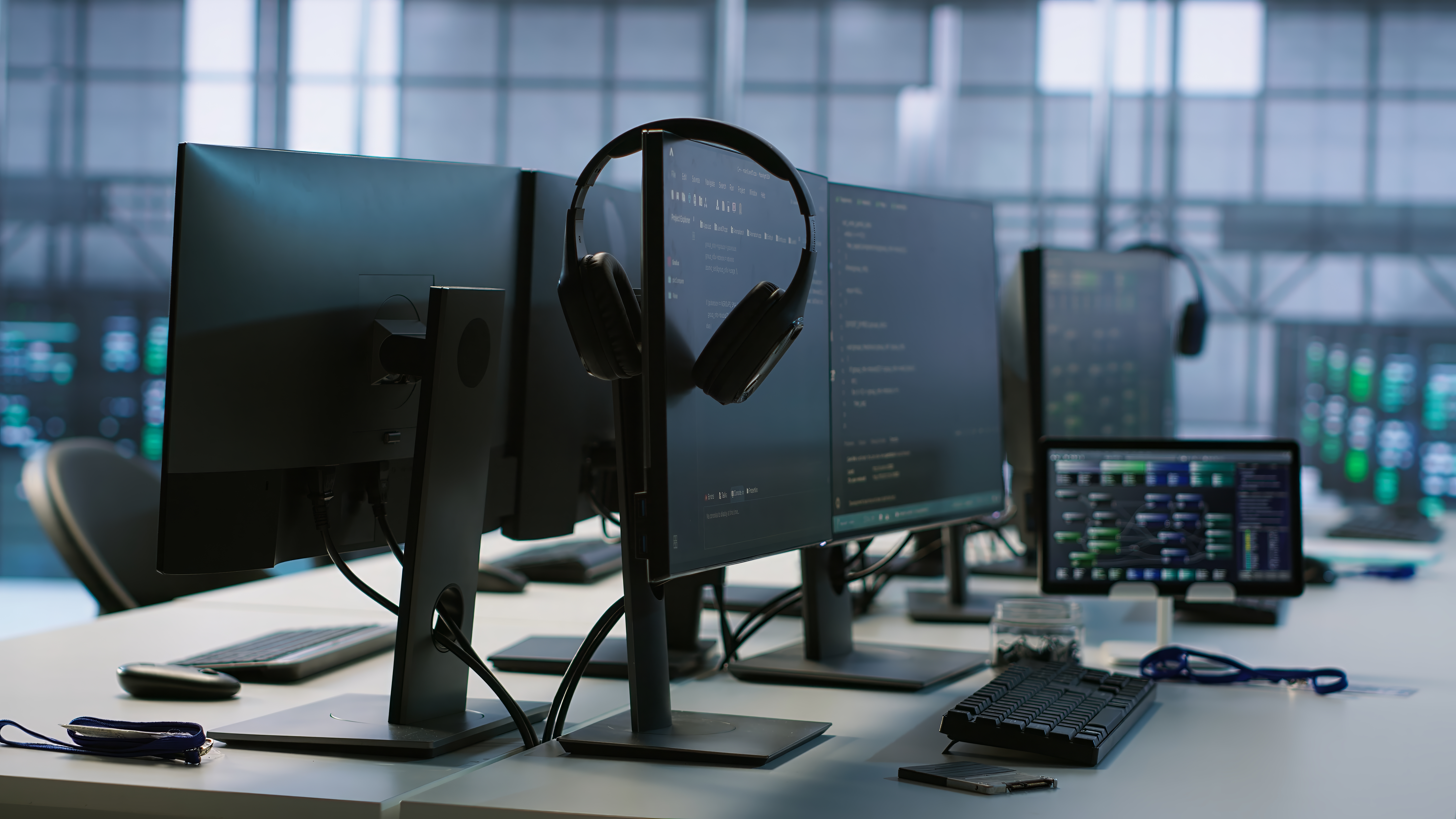 This is an image of monitors and headsets in an office.